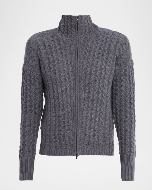 Cashmere Zip-Front Cable Bomber Jacket